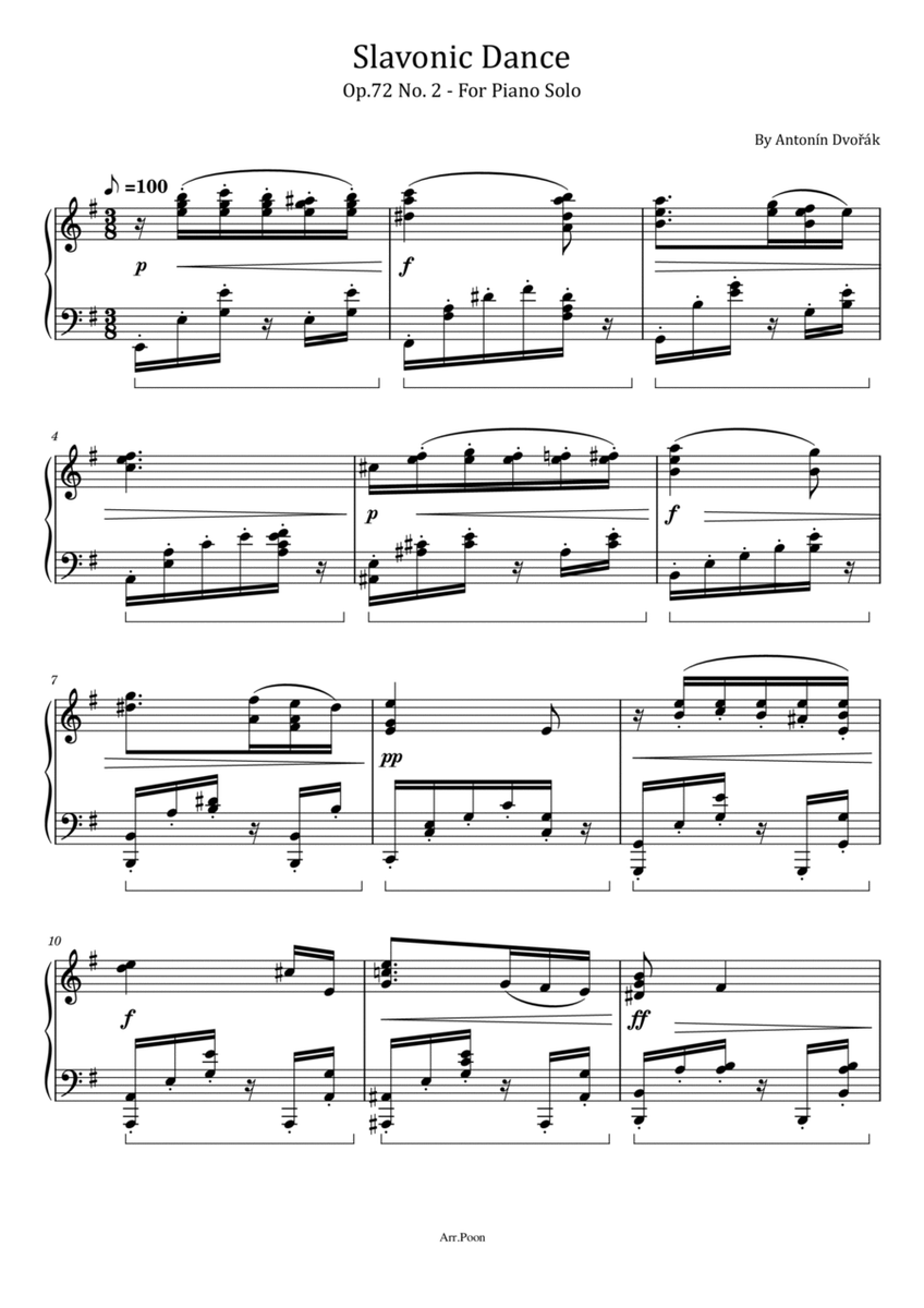 Dvořák - Slavonic Dance - Op.72, No. 2 - For Piano Solo image number null