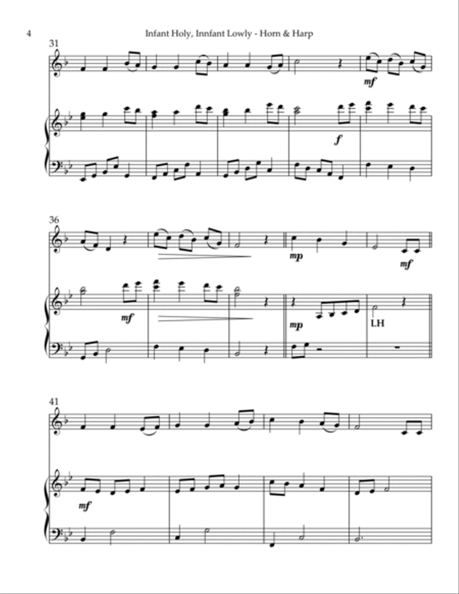 Infant Holy, Infant Lowly, Duet for Horn in F & Harp Harp scores gallery preview page 4