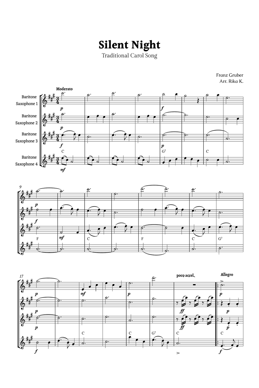 Silent Night for Baritone Sax Quartet Saxophone Quartet scores gallery preview page 1