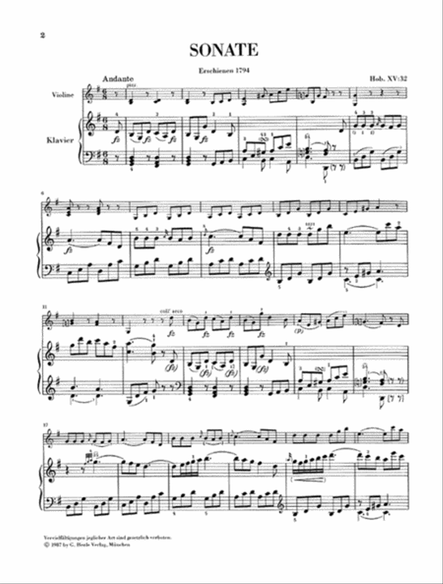 Sonata for Piano and Violin in G Major Hob. XV:32