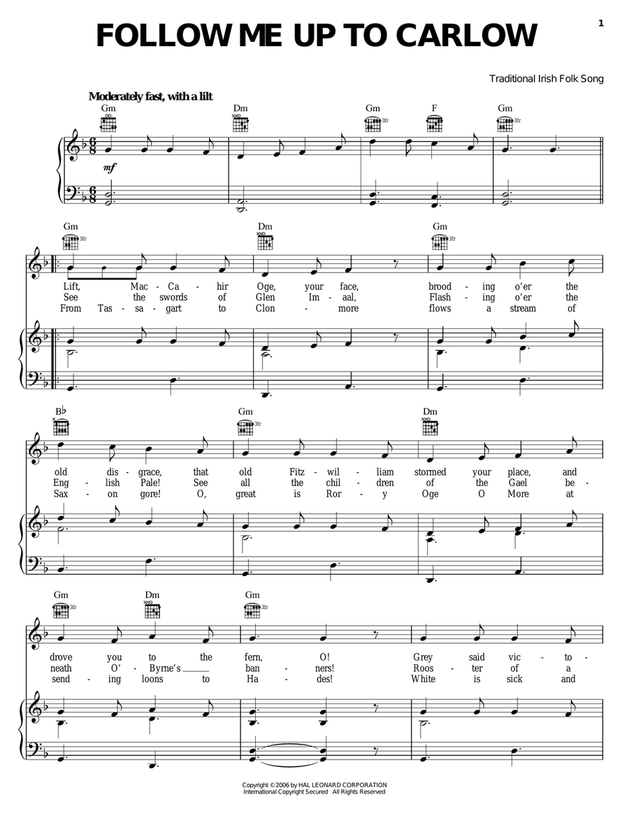 Follow Me Up To Carlow Piano, Vocal, Guitar scores gallery preview page 1