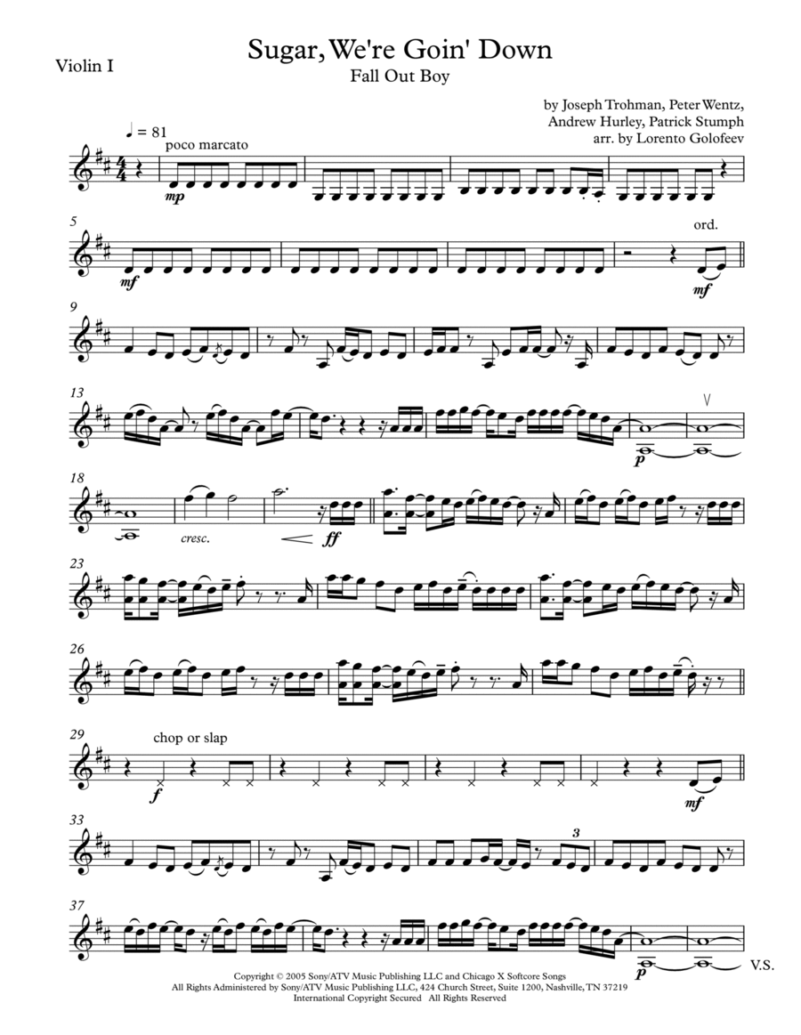 Sugar, We're Goin' Down String Quartet scores gallery preview page 1