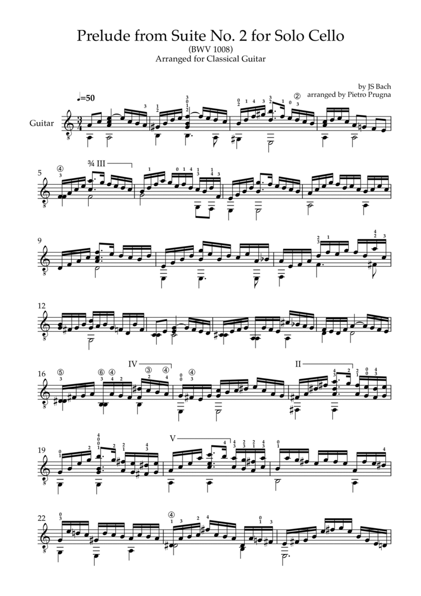 Prelude (from Suite No. 2 for Solo Cello) (BWV 1008) by JS Bach - arr for Solo Guitar in A minor image number null