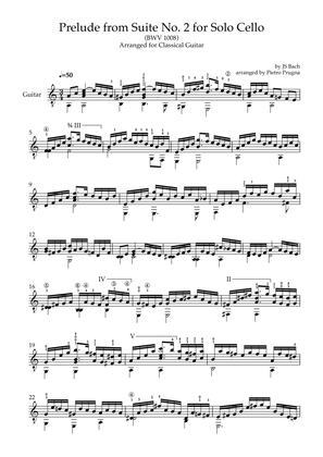Book cover for Prelude (from Suite No. 2 for Solo Cello) (BWV 1008) by JS Bach - arr for Solo Guitar in A minor