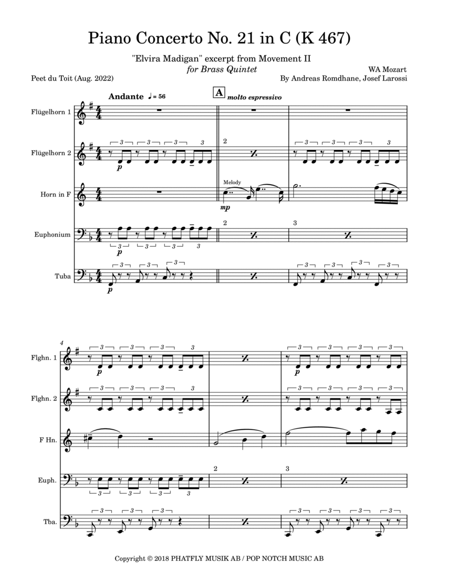 Mozart: Piano Concerto No. 21 - Andante Brass Quintet scores gallery preview page 1