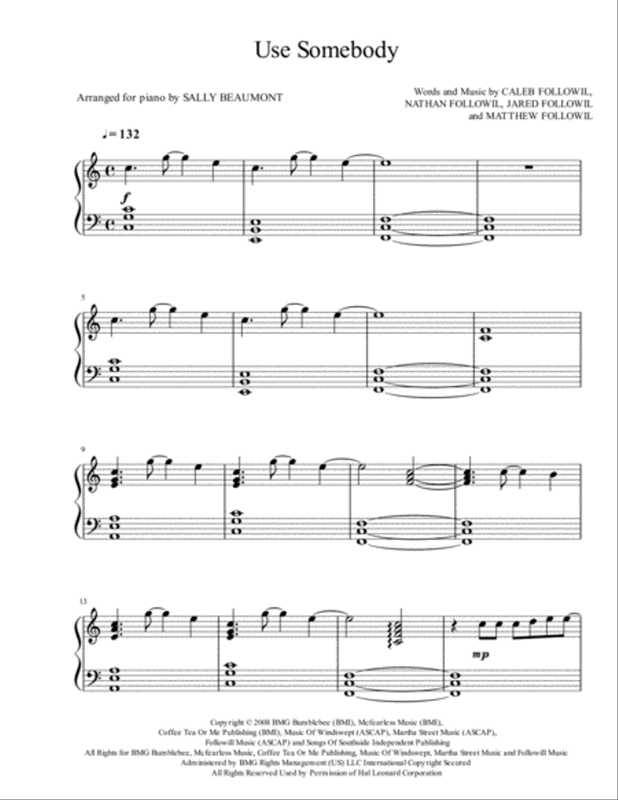 Use Somebody Piano Solo scores gallery preview page 1