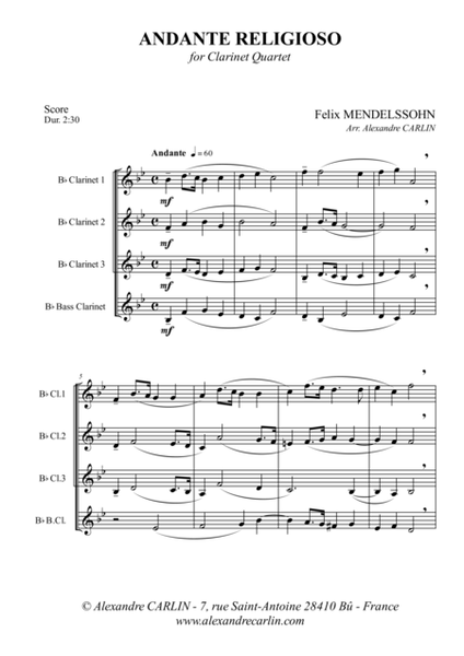 Andante Religioso, for Clarinet Quartet - Score & Parts