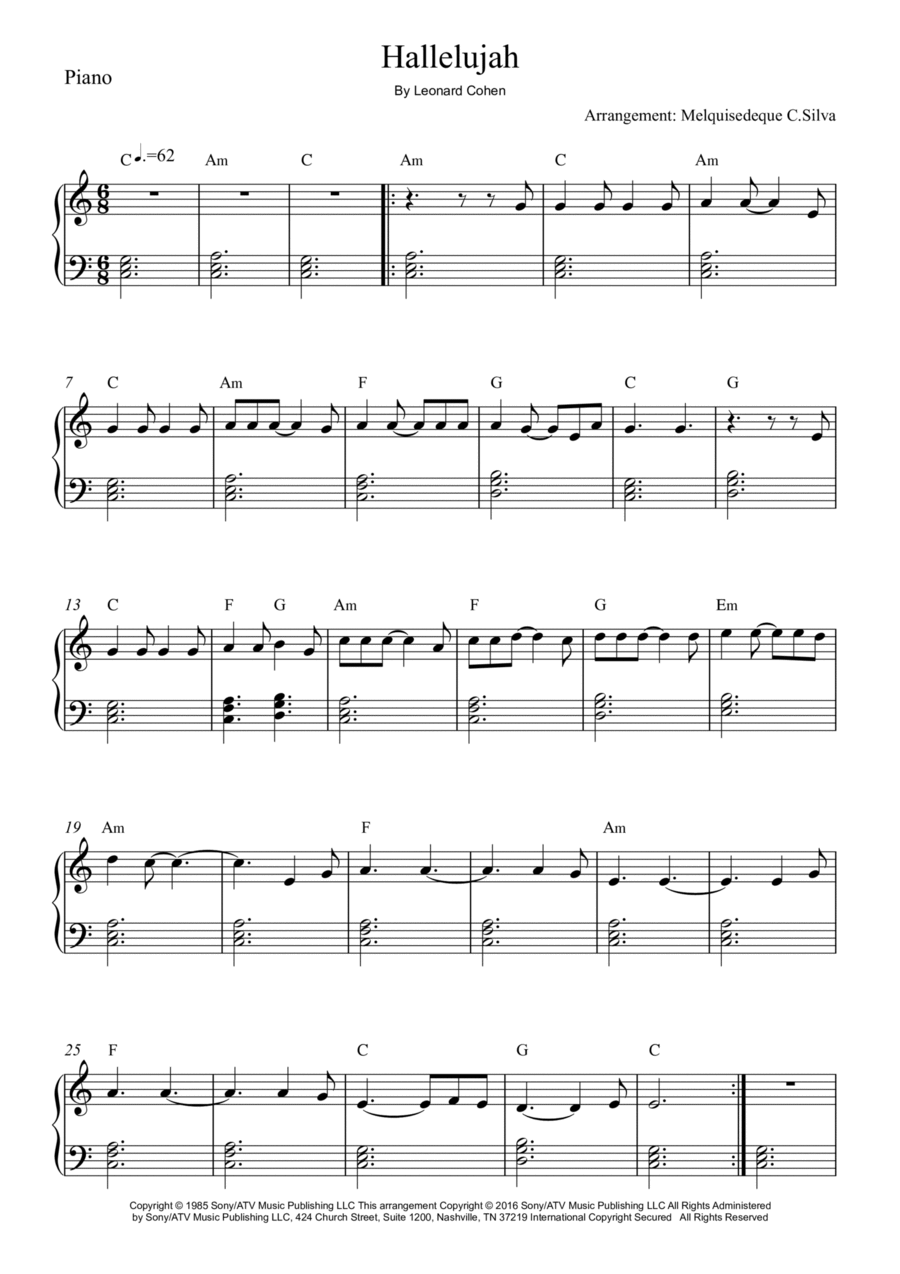Hallelujah Easy Piano scores gallery preview page 1
