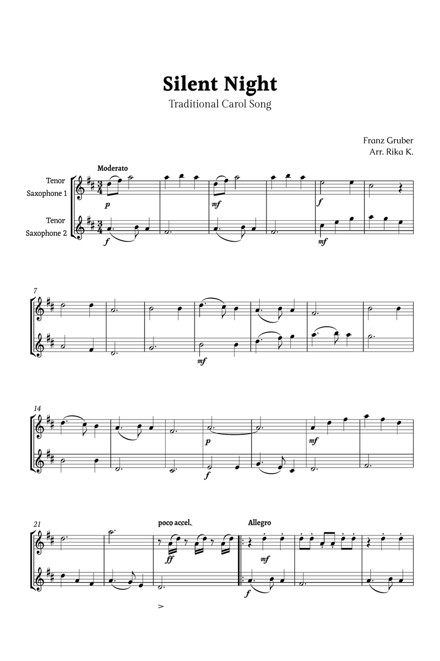 Silent Night for Tenor Sax Duet Woodwind Duet scores gallery preview page 1