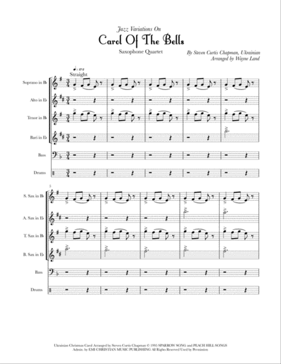 Carol Of The Bells Saxophone Quartet scores gallery preview page 1