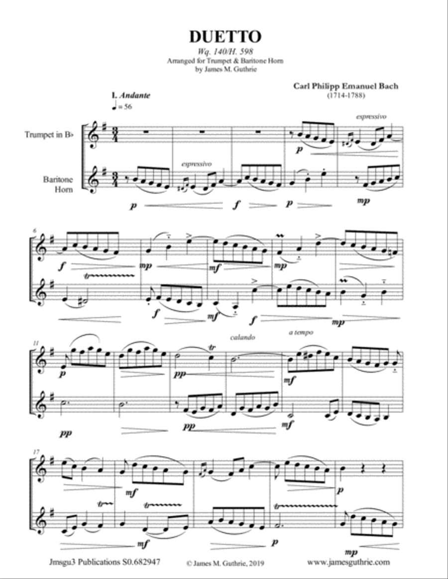 CPE Bach: Duetto Wq. 140 for Trumpet & Baritone Horn Brass Duet scores gallery preview page 1