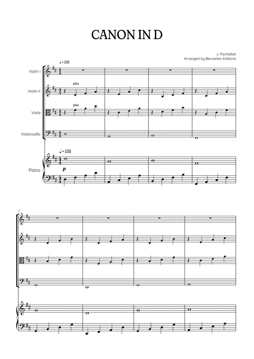 Pachelbel Canon in D • strings quartet sheet music w/ piano accompaniment image number null