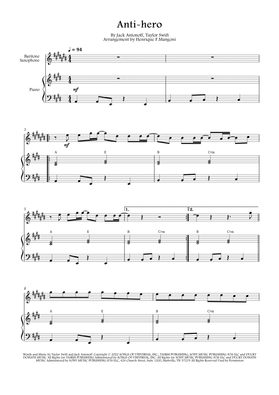 Anti-hero Baritone Saxophone scores gallery preview page 1