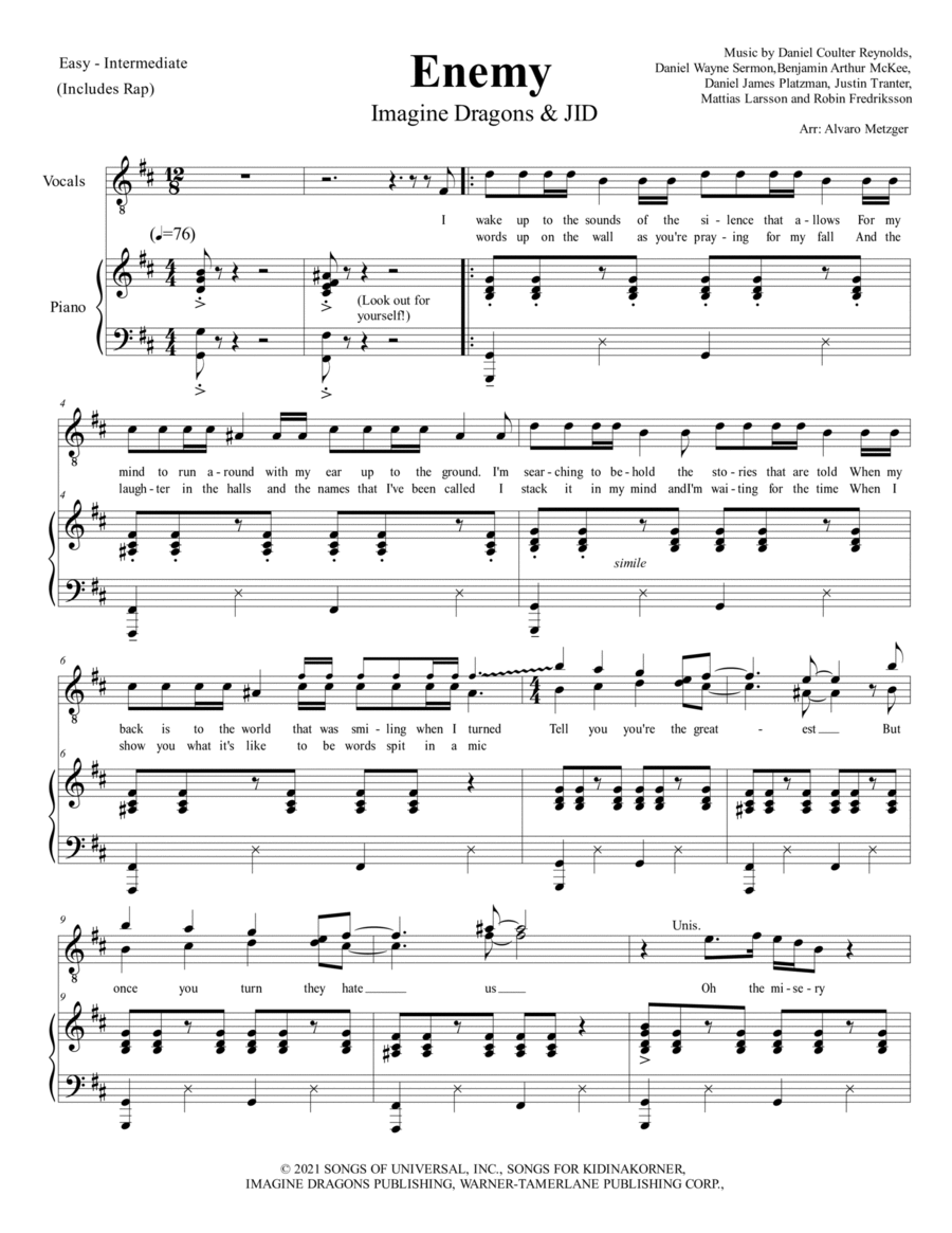 Enemy Piano, Vocal, Guitar scores gallery preview page 1