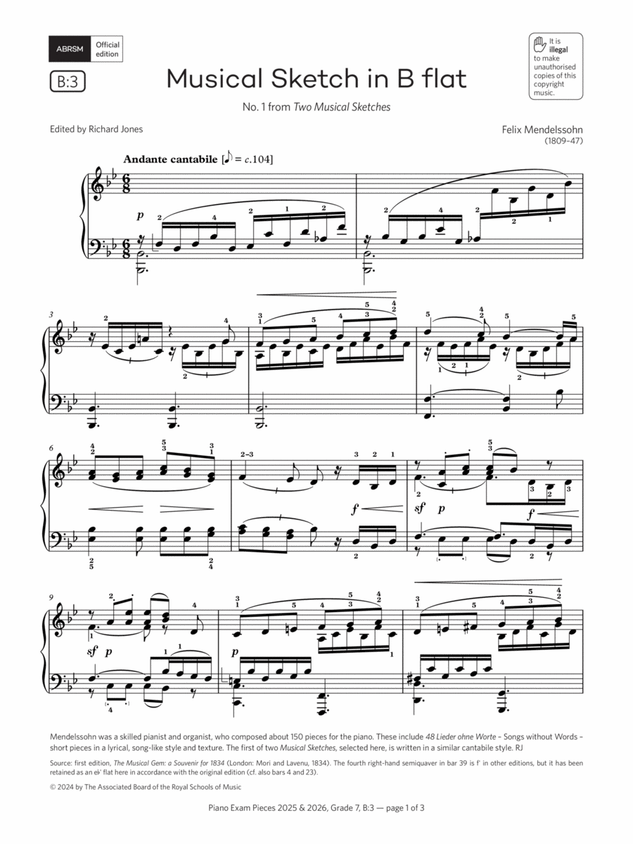 Musical Sketch in B flat (Grade 7, list B3, from the ABRSM Piano Syllabus 2025 & 2026) Piano Method scores gallery preview page 1