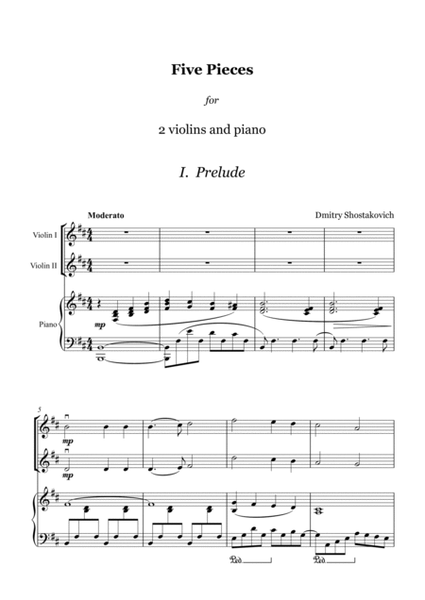 Shostakovich - Five Pieces for 2 Violins and Piano, score and parts image number null
