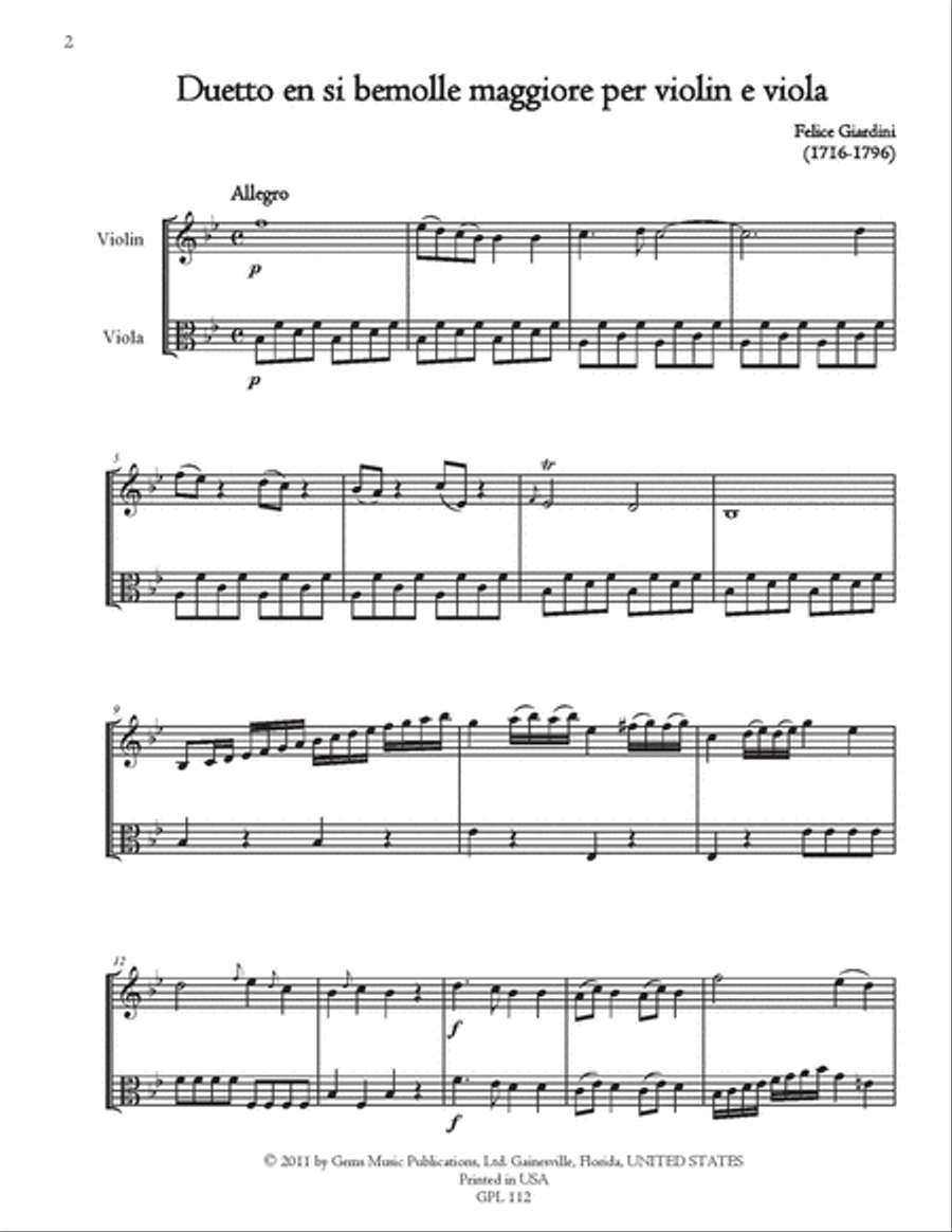 Duet in B-flat major for Violin and Viola String Duet scores gallery preview page 2