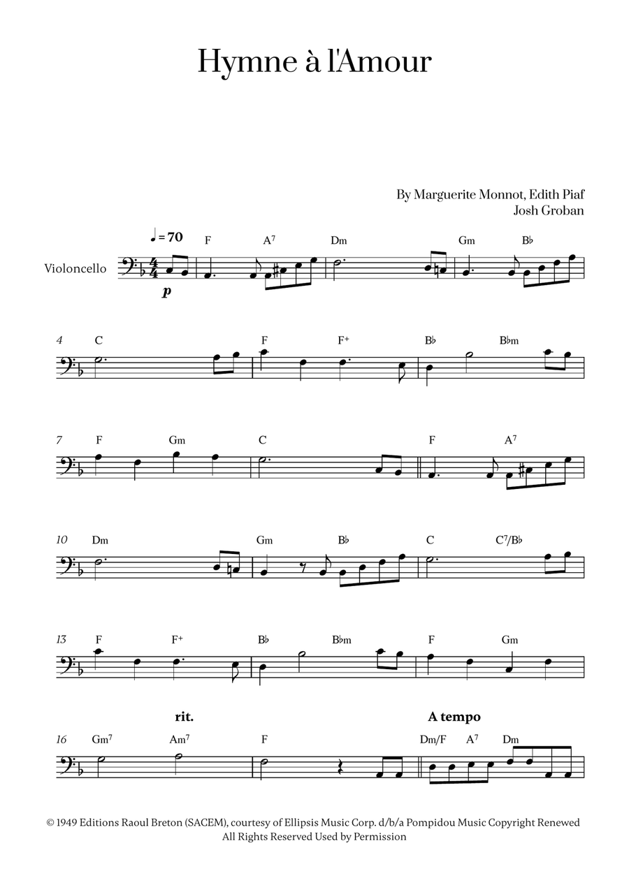 Hymne A L'amour Cello Solo scores gallery preview page 1