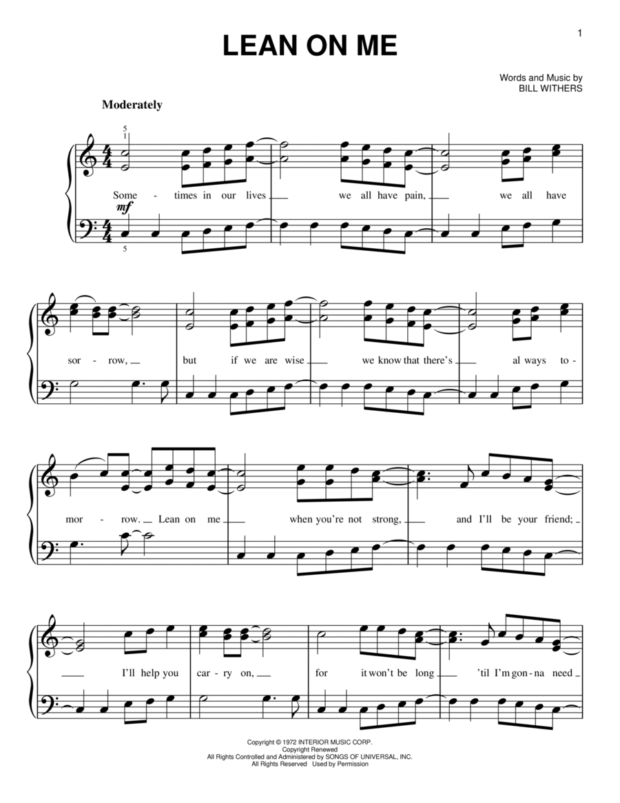 Lean On Me Easy Piano scores gallery preview page 1