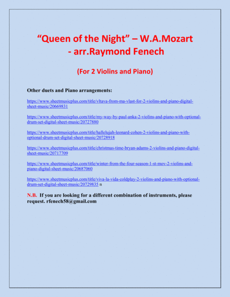 Queen of the Night - From the Magic Flute - 2 Violins and Piano image number null