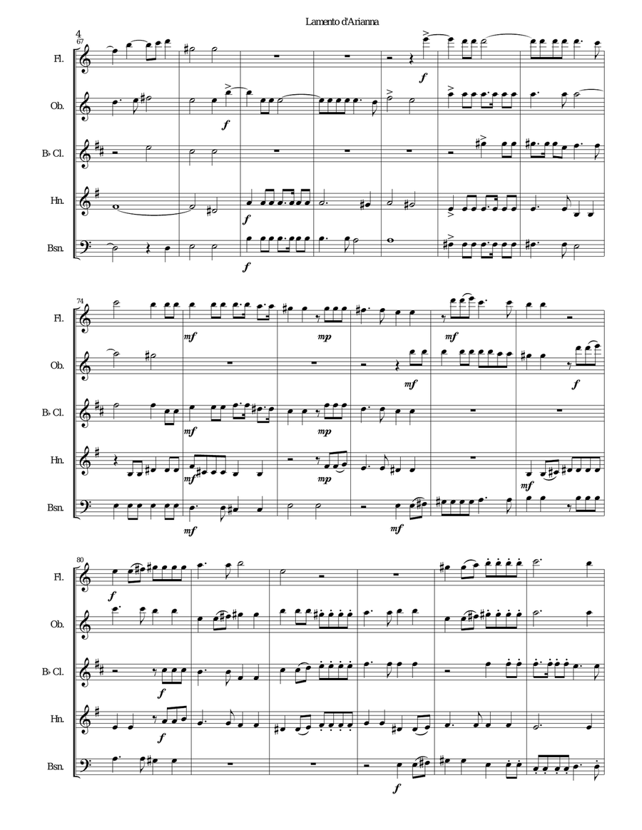 Lamento d'Arianna for wind quintet Woodwind Quintet scores gallery preview page 4