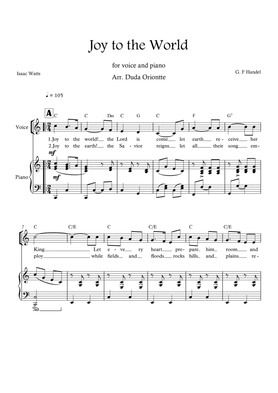 Joy to the World (C major - one voice - with chords) Voice scores gallery preview page 1