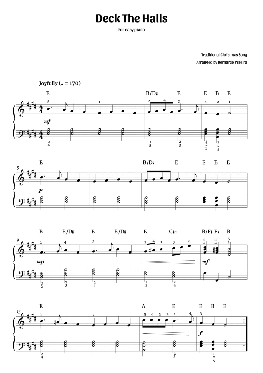 Deck The Halls (easy piano in E major – with chords) Easy Piano scores gallery preview page 1