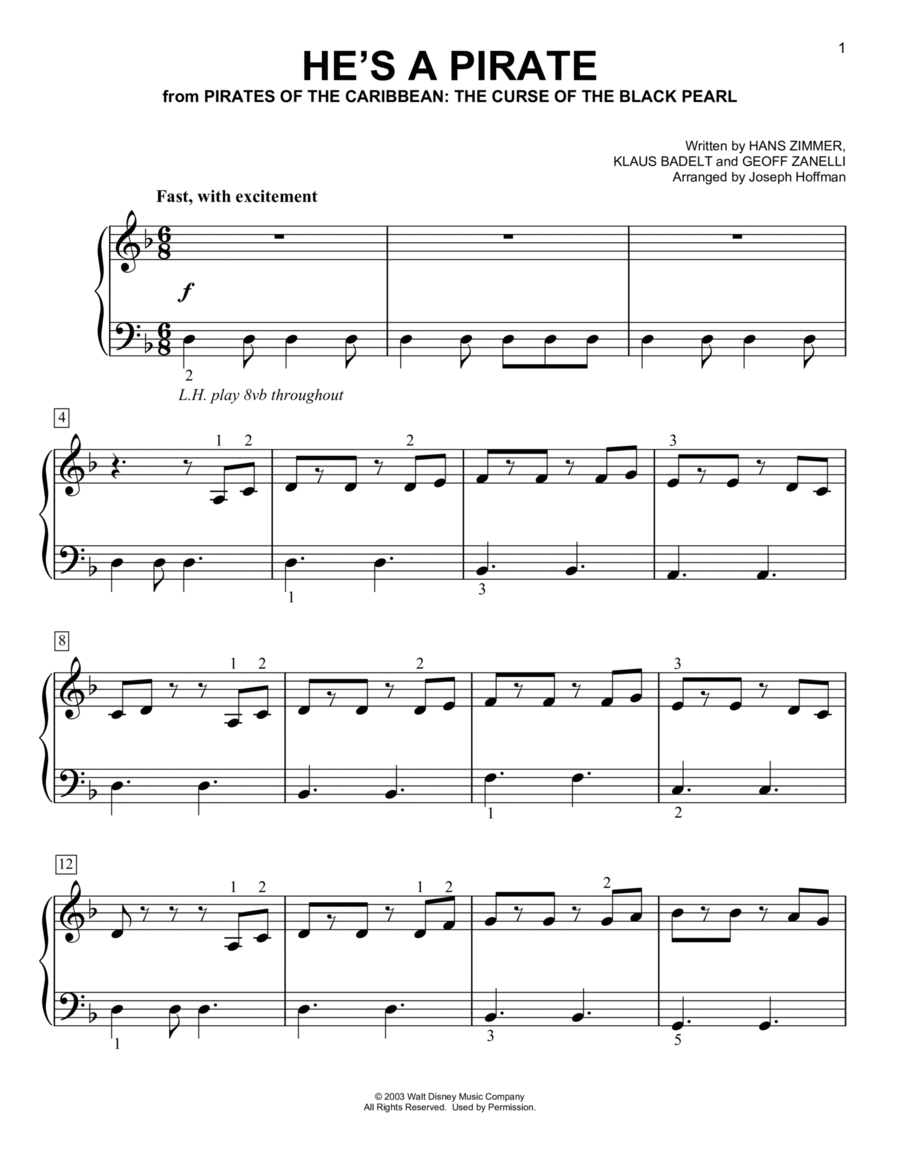 He's A Pirate (from Pirates Of The Caribbean: The Curse Of The Black Pearl) (arr. Joseph Hoffman) Easy Piano scores gallery preview page 1