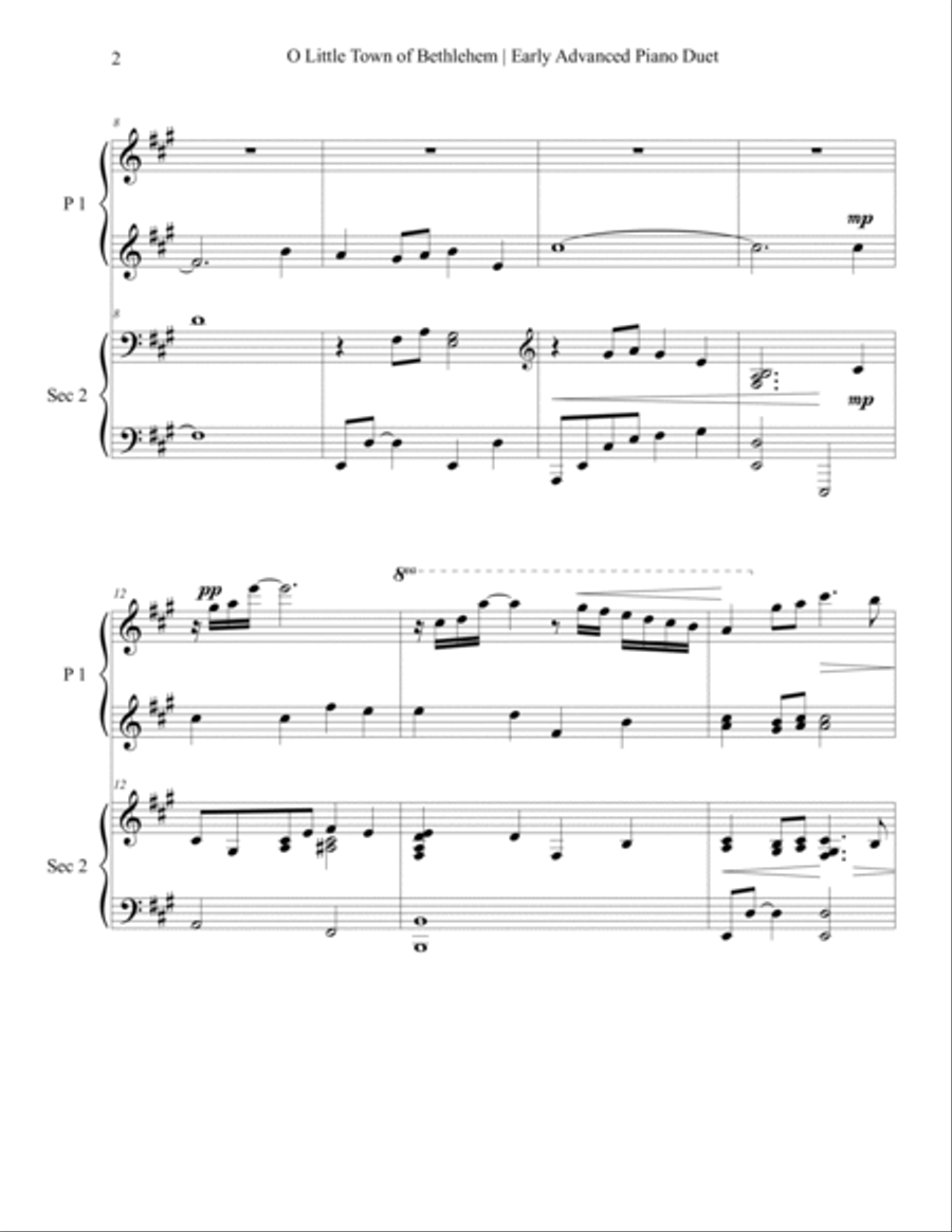 O Little Town Of Bethlehem – Early Advanced Christmas Piano Duet Sheet Music 1 Piano, 4-Hands scores gallery preview page 2