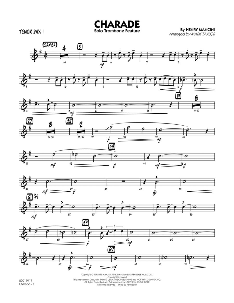 Charade (Solo Trombone Feature) - Tenor Sax 1