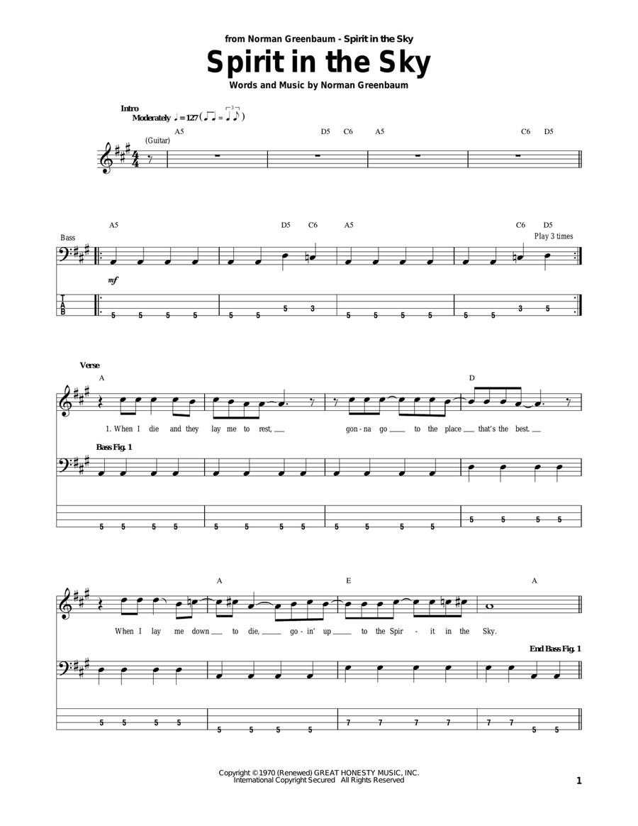 Spirit In The Sky Bass Guitar Tablature scores gallery preview page 1