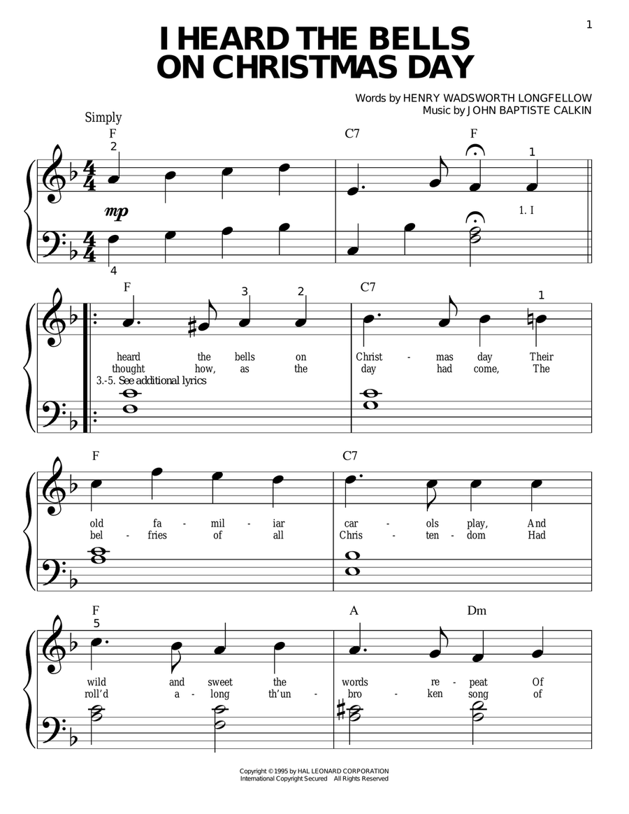 I Heard The Bells On Christmas Day Easy Piano scores gallery preview page 1