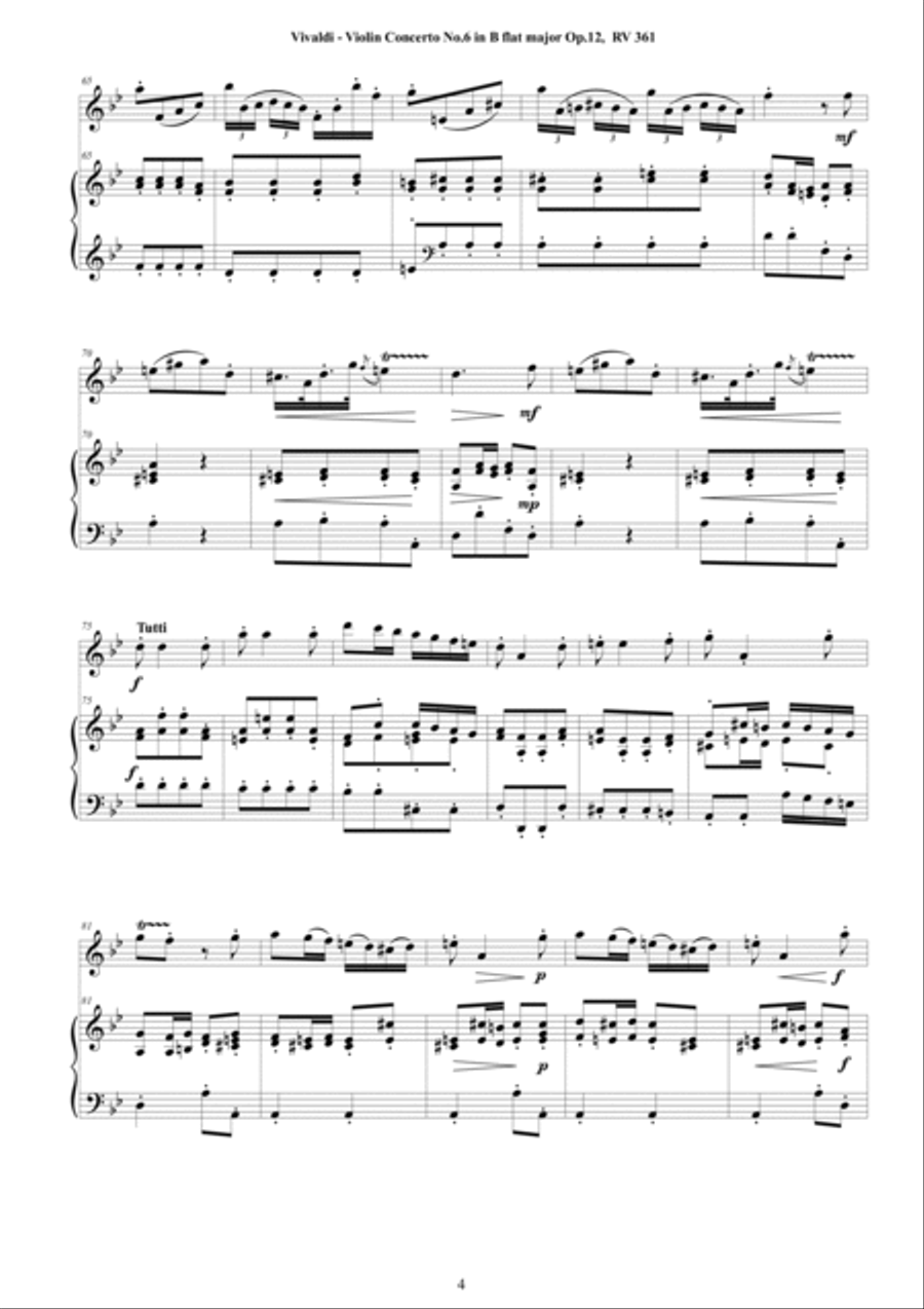 Vivaldi - Violin Concerto No.6 in B flat major Op.12 RV 361 for Violin and Piano Violin Solo scores gallery preview page 4