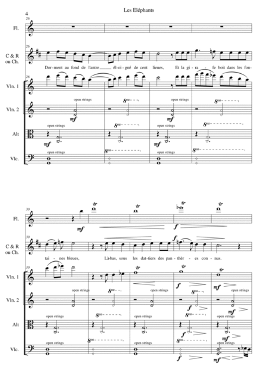 Les Eléphants (The Elephants) for voice, clarinet, flute and string quartet Choir scores gallery preview page 4