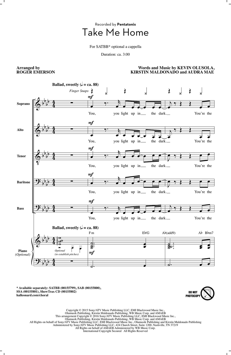 Take Me Home (arr. Roger Emerson) SATBarB scores gallery preview page 1