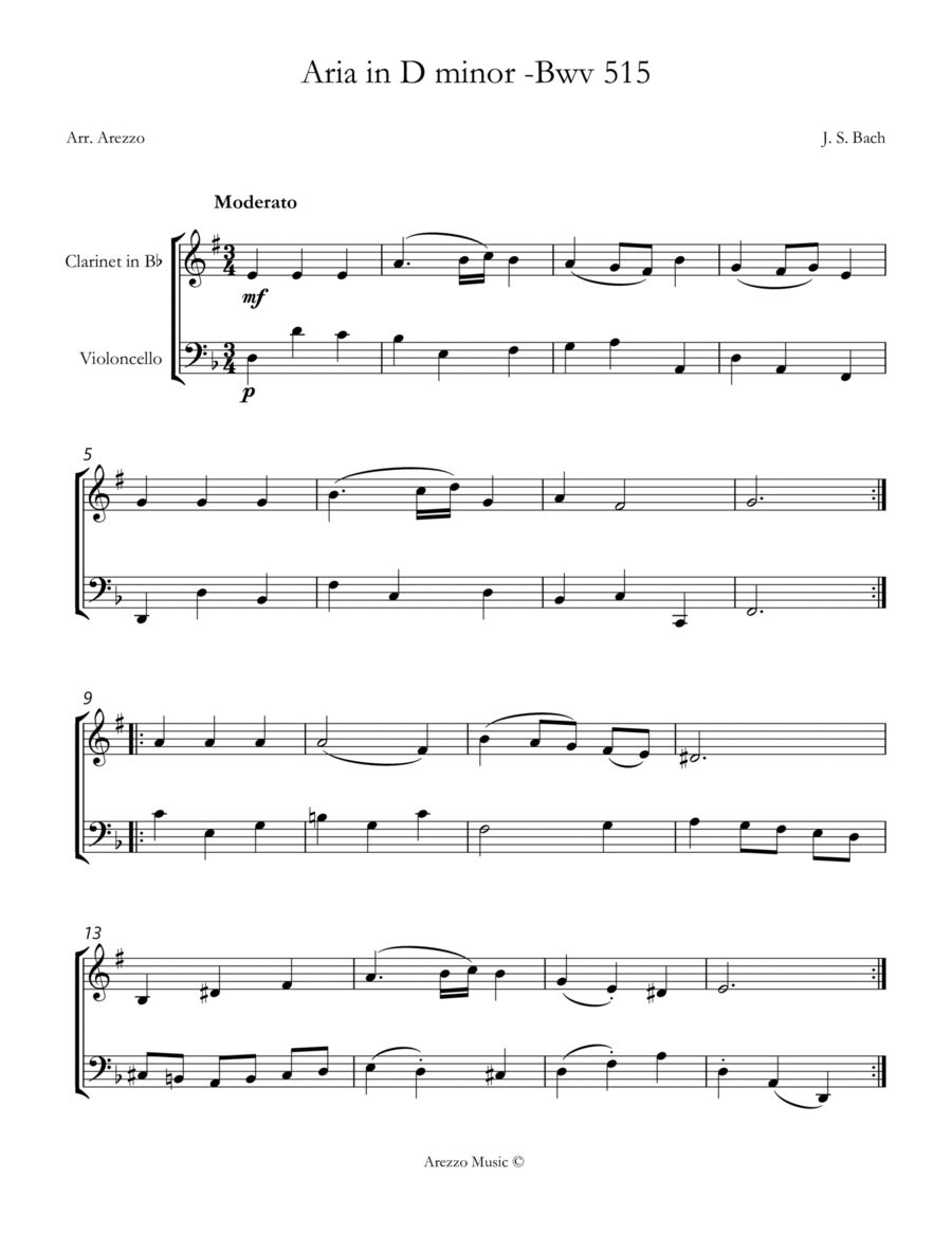 aria bwv 515 clarinet and cello sheet music Chamber Music scores gallery preview page 1