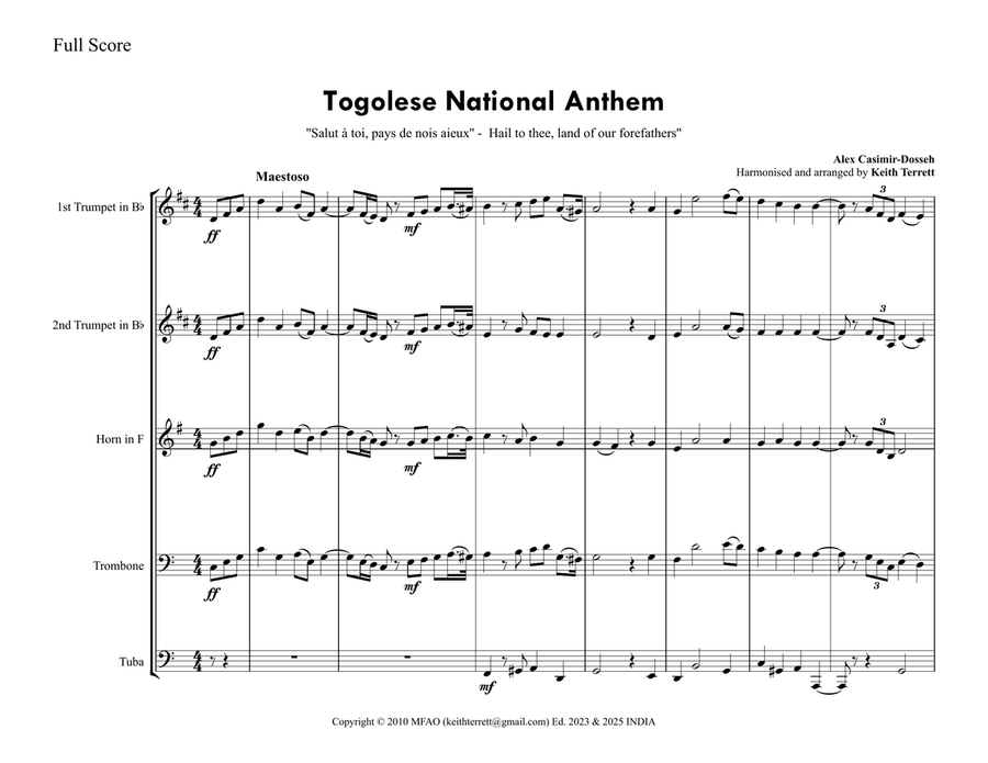 Togolese National Anthem for Brass Quintet image number null