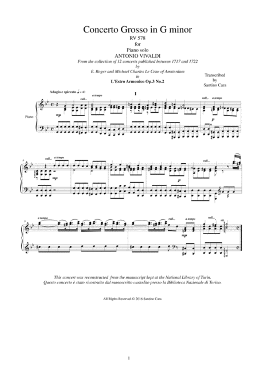 Vivaldi - Concerto Grosso in G minor RV 578 Op.3 No.2 - Piano solo Piano Solo scores gallery preview page 1