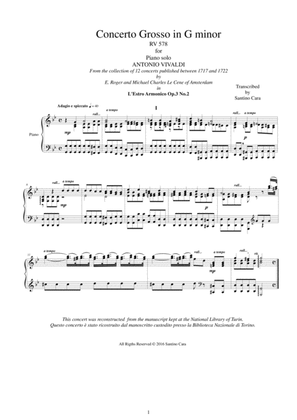 Book cover for Vivaldi - Concerto Grosso in G minor RV 578 Op.3 No.2 - Piano solo