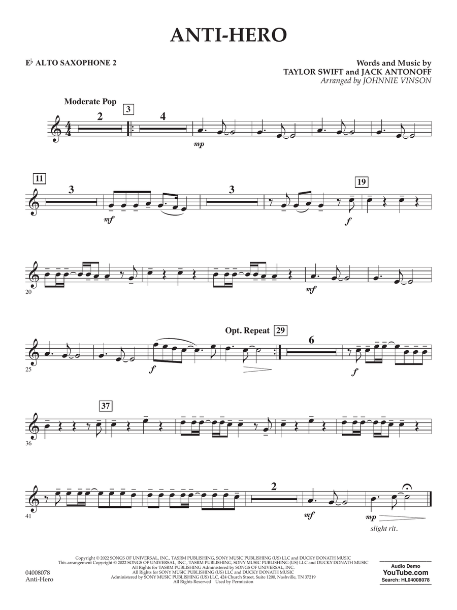 Anti-Hero (arr. Johnnie Vinson) - Eb Alto Saxophone 2 Concert Band scores gallery preview page 1