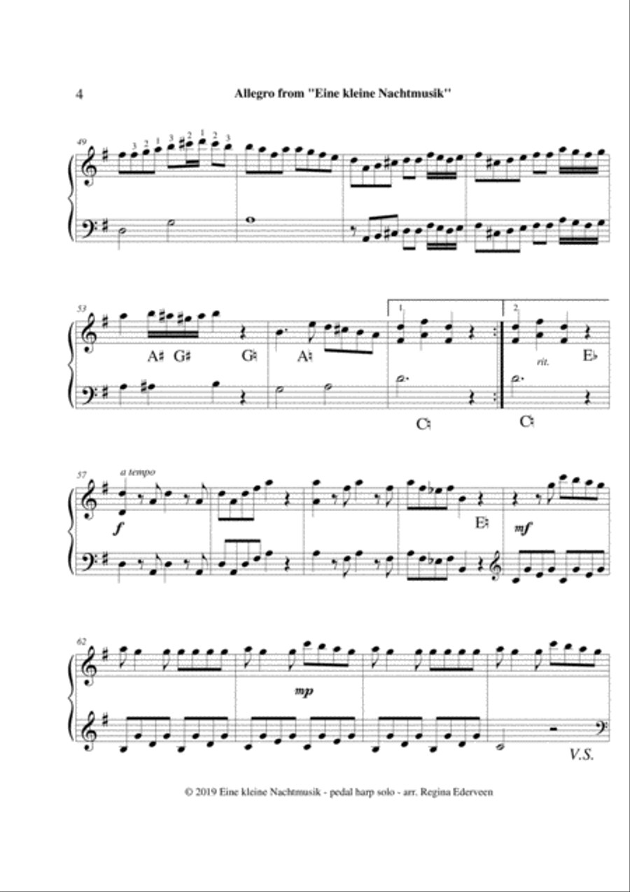 Allegro from ''Eine Kleine Nachtmusik'' (Mozart) - pedal harp solo Pedal Harp scores gallery preview page 4
