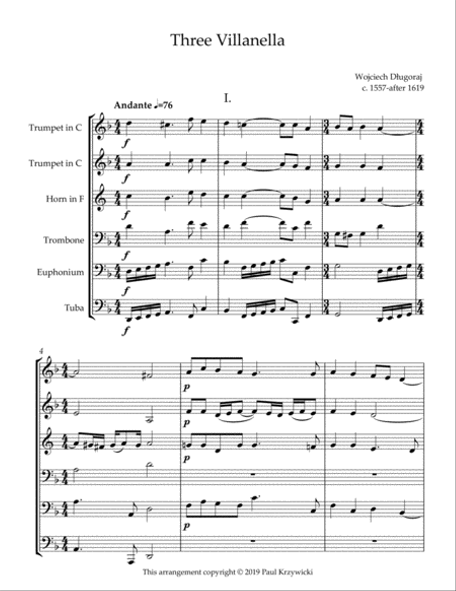 Three Renaissance Villanella Brass Ensemble scores gallery preview page 1