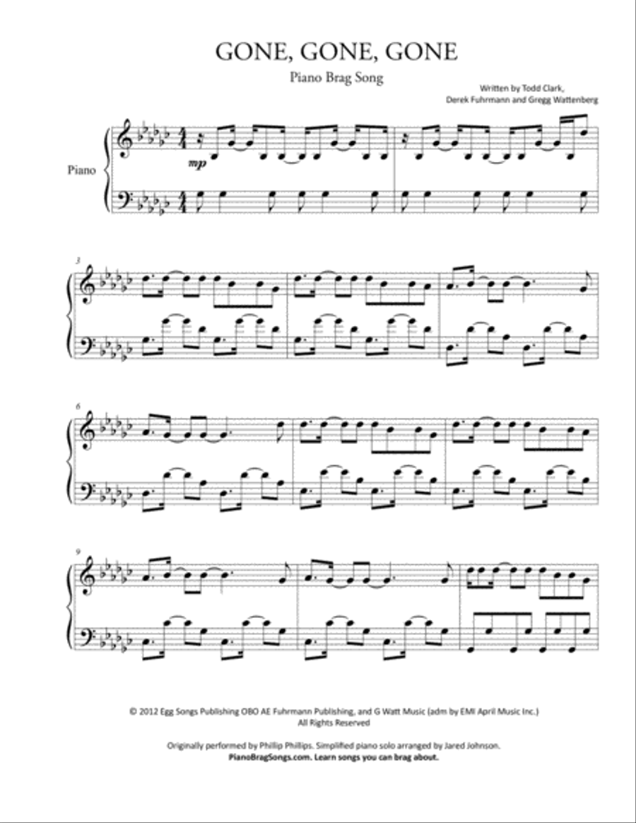 Gone, Gone, Gone Easy Piano scores gallery preview page 2