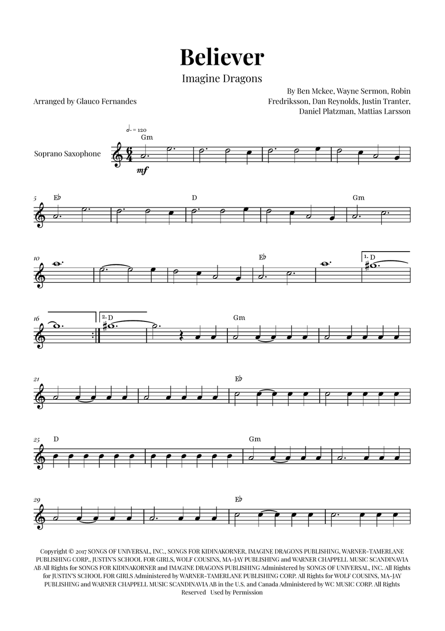Believer Soprano Saxophone scores gallery preview page 1