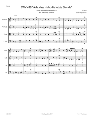 Bach: Aria "Ach, dass nicht die letzte Stunde" from Schemellis Gesangbuch BWV 439 arr. for String Qu