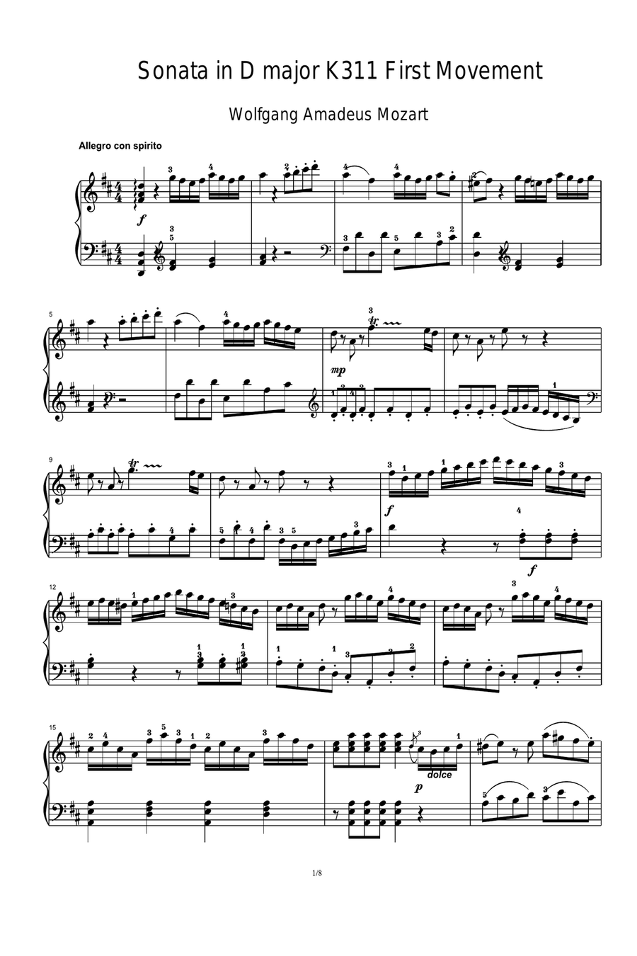 Sonata in D major K311 First Movement Piano Solo scores gallery preview page 1