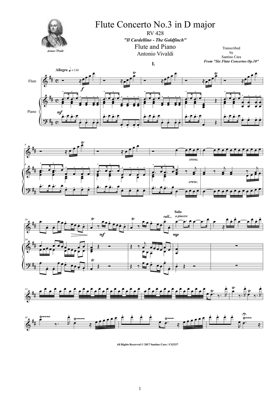Vivaldi - Flute Concerto No.3 in D major Op.10 'Il Cardellino' RV 428 for Flute and Piano Flute Solo scores gallery preview page 1