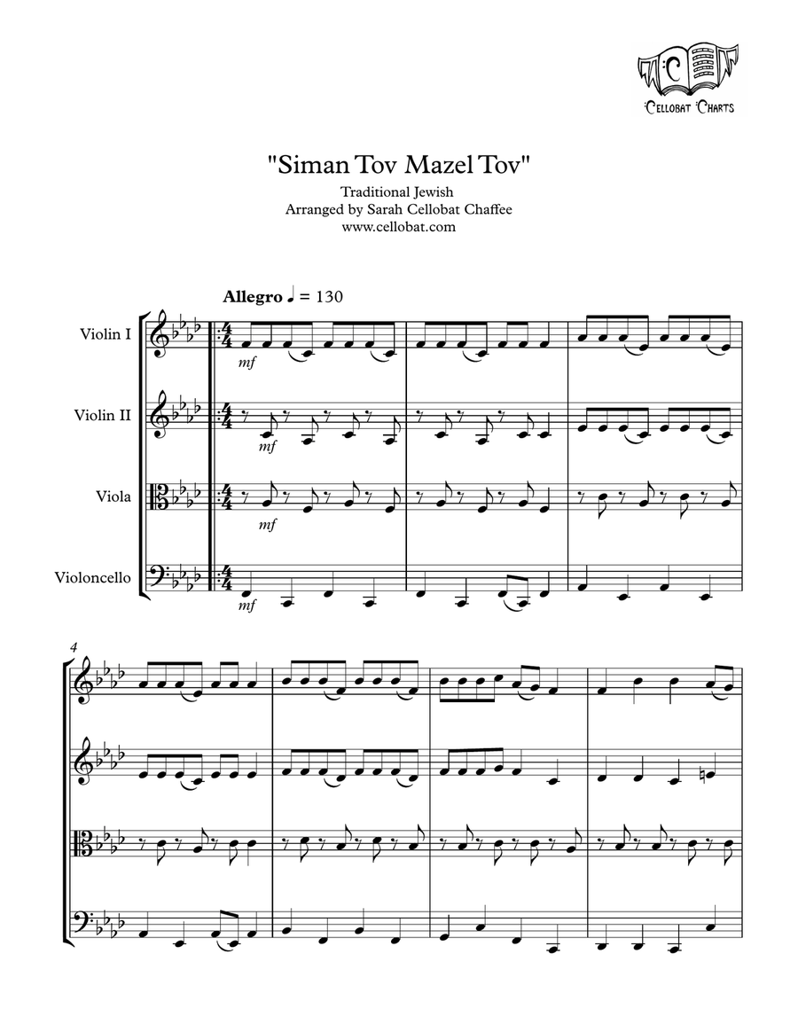 Siman Tov Mazel Tov - String Quartet - Traditional Jewish arr. Cellobat String Quartet scores gallery preview page 1