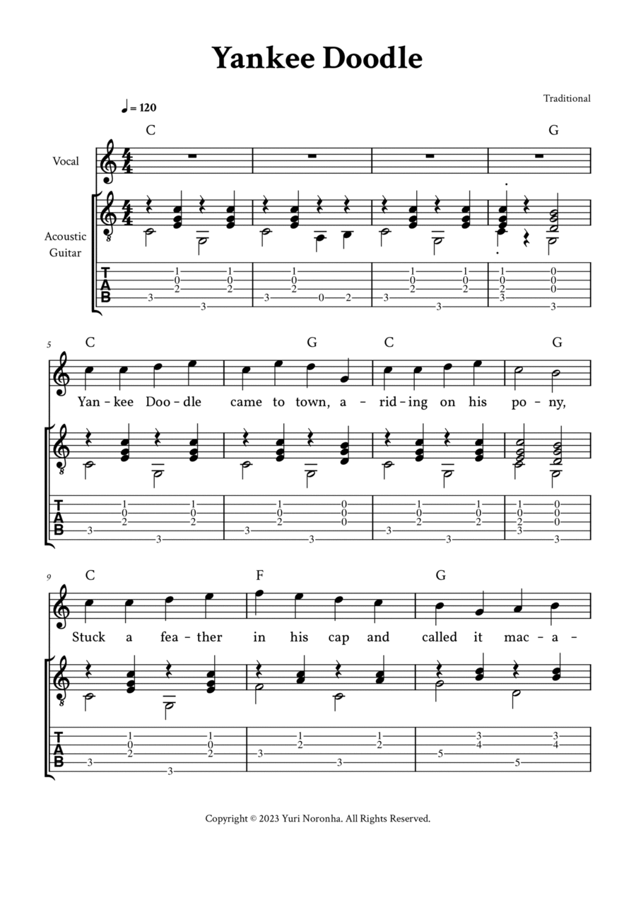 Yankee Doodle - Lead Sheet with Guitar TAB (C Major - Traditional) Acoustic Guitar scores gallery preview page 1