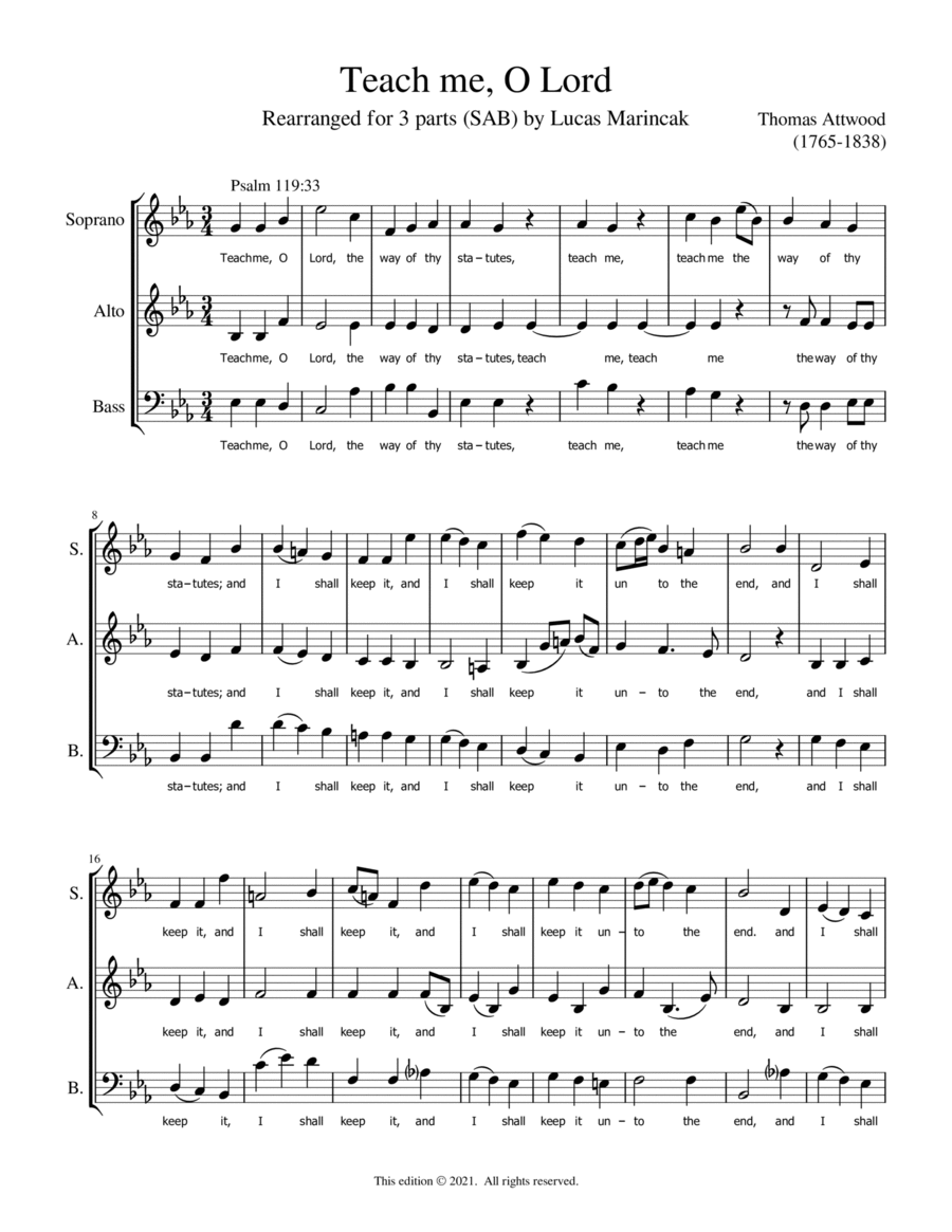 Attwood - Teach Me O Lord (SAB) 3-Part scores gallery preview page 1